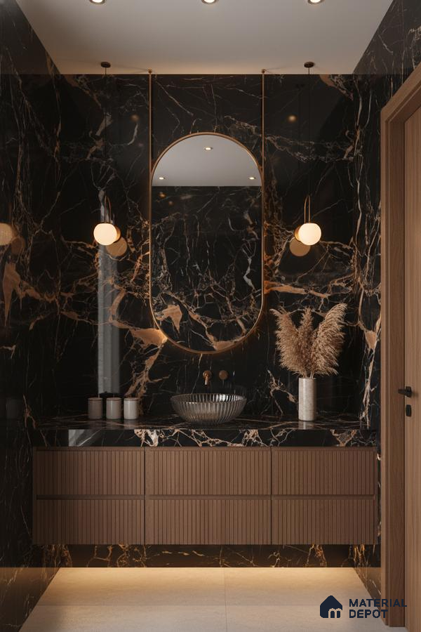 Modern bathroom with black marble wall tiles, gold veins, and fluted walnut vanity | Material Depot