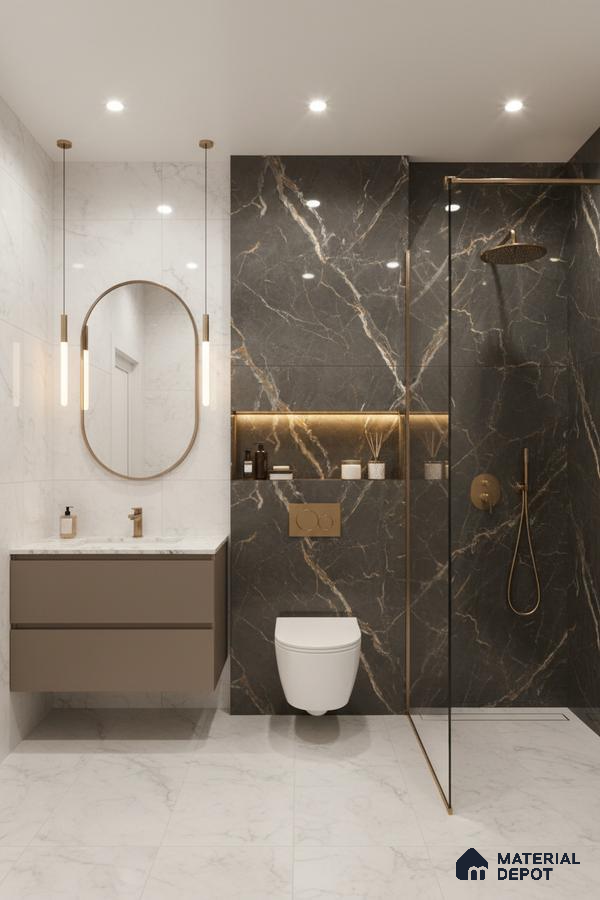 Modern bathroom with black marble wall tiles, white marble floor tiles, and taupe floating vanity | Material Depot