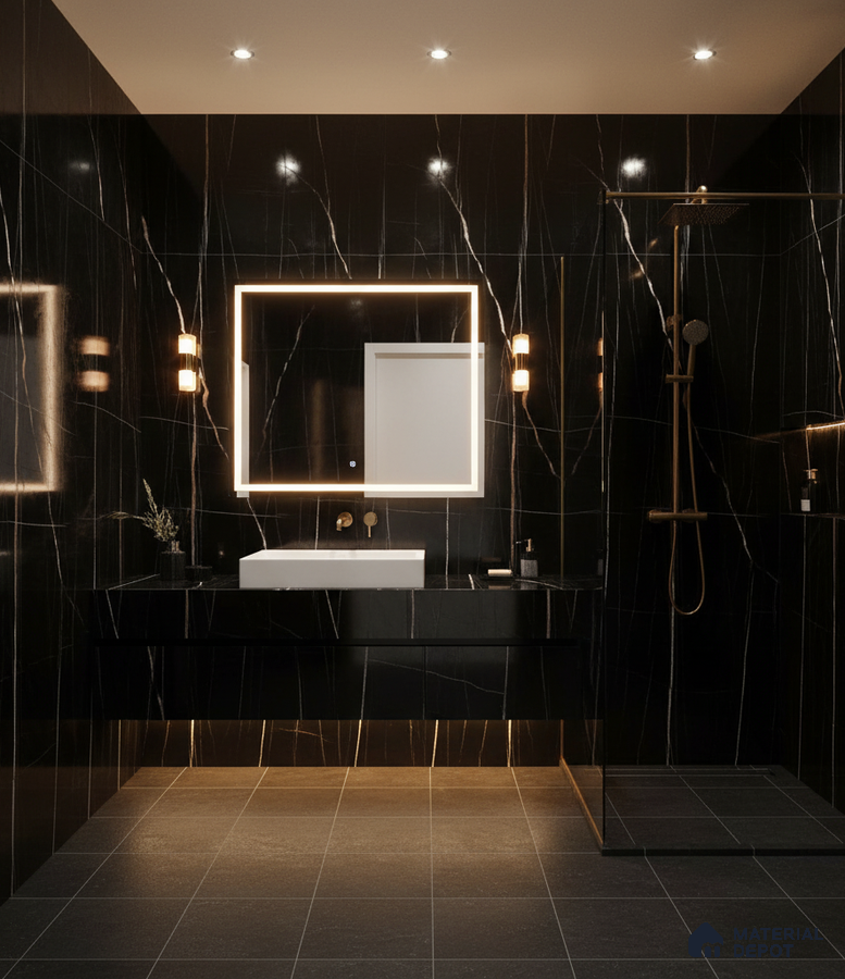 Modern bathroom with black marble-look wall tiles and matte grey floor tiles | Material Depot