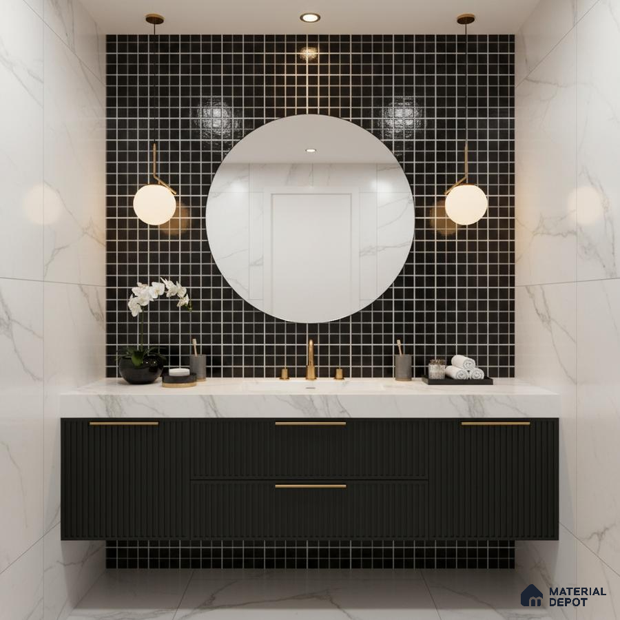 Modern bathroom with black mosaic wall tiles, white marble wall tiles, and fluted black vanity