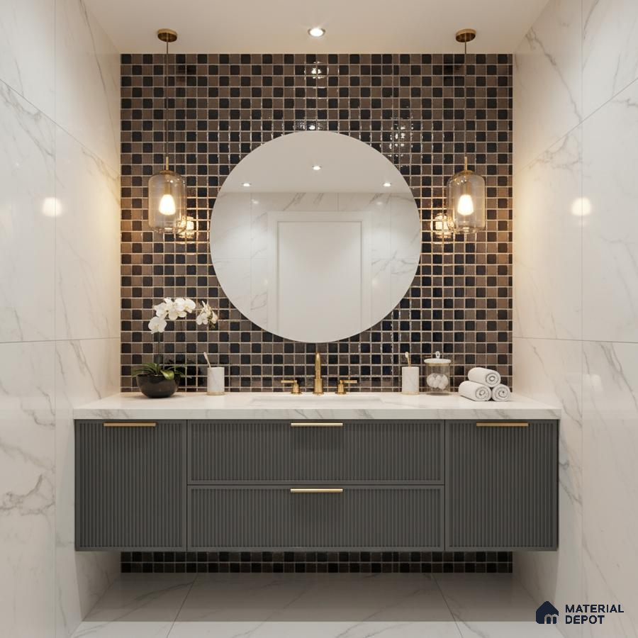 Modern bathroom with black mosaic wall tiles, white marble wall tiles, and fluted grey vanity