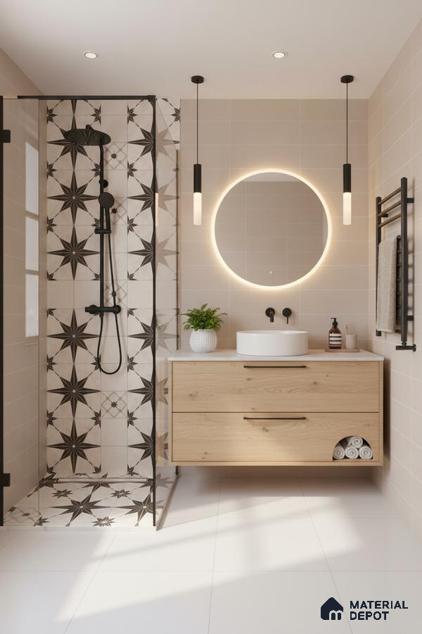 Modern bathroom with black star patterned shower tiles, beige wall tiles, and light oak floating vanity in Bengaluru | Material Depot