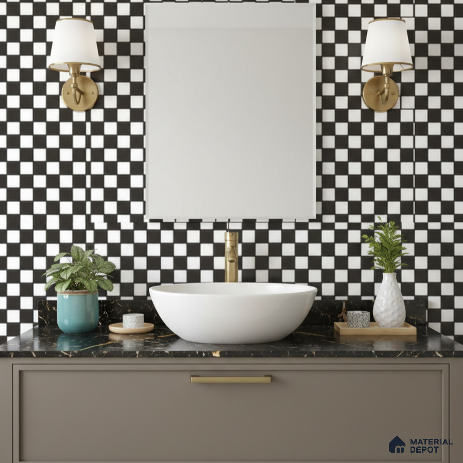 Modern bathroom with black-and-white checkerboard wall tiles and black marble countertop