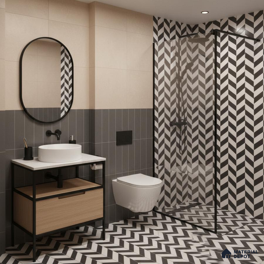Modern bathroom with black-and-white chevron geometric tiles and grey vertical wall tiles in Bengaluru | Material Depot