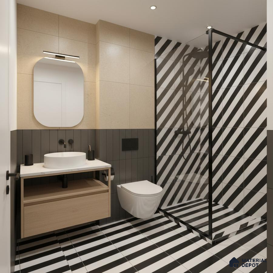 Modern bathroom with black-and-white diagonal striped tiles and beige wall tiles in Bengaluru | Material Depot