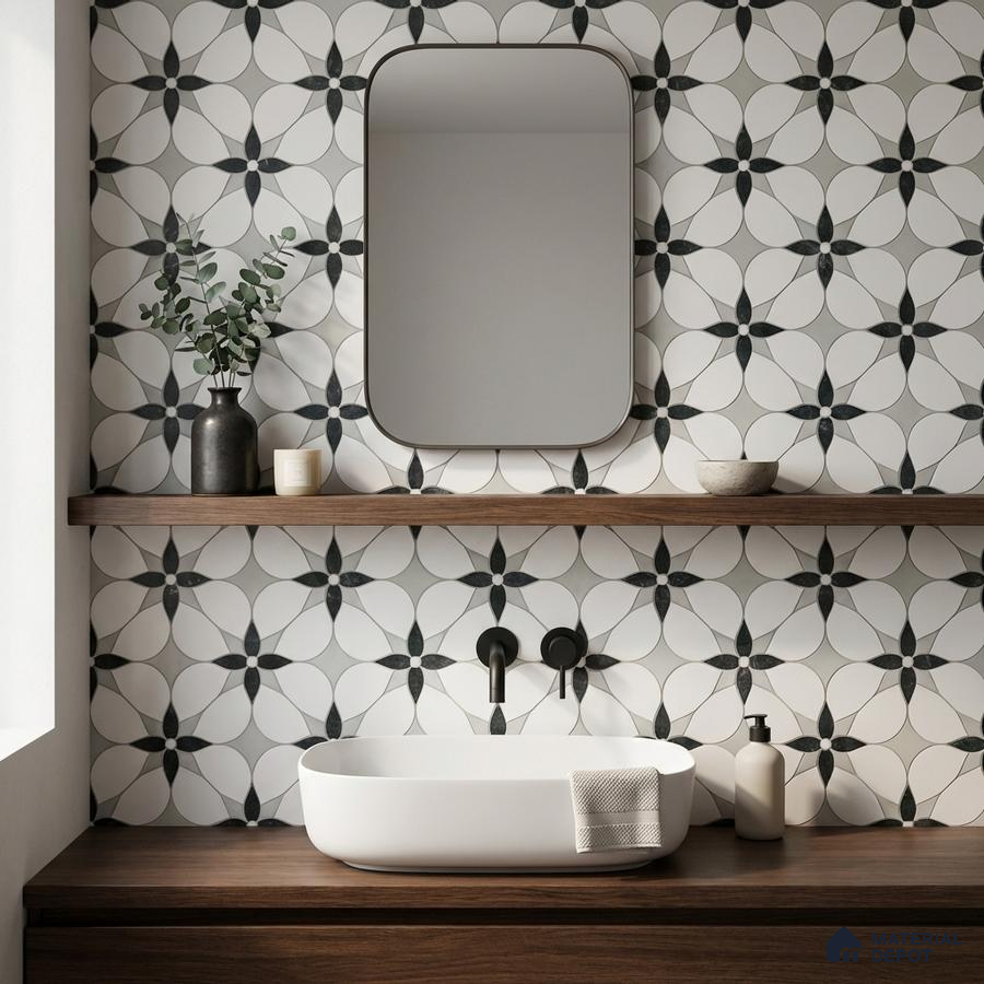 Modern bathroom with black-and-white floral geometric wall tiles and walnut wood vanity