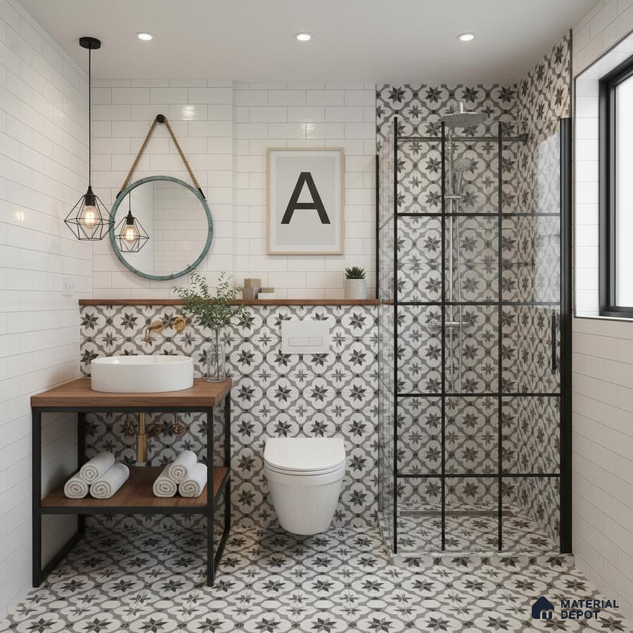Modern bathroom with black-and-white floral patterned tiles and white subway wall tiles in Bengaluru | Material Depot