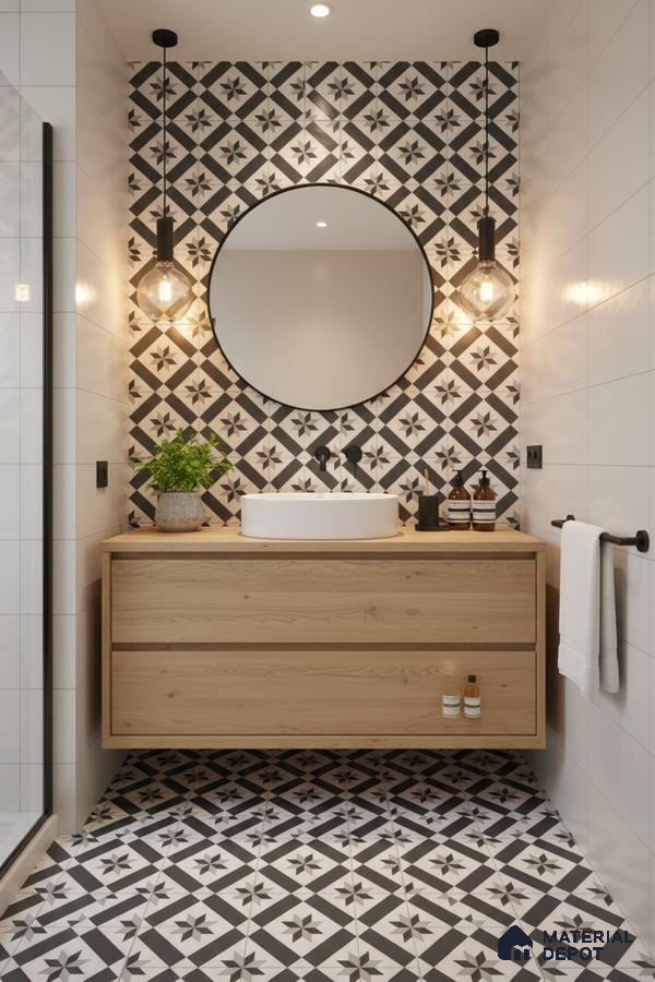 Modern bathroom with black-and-white geometric patterned tiles and light oak floating vanity in Bengaluru | Material Depot