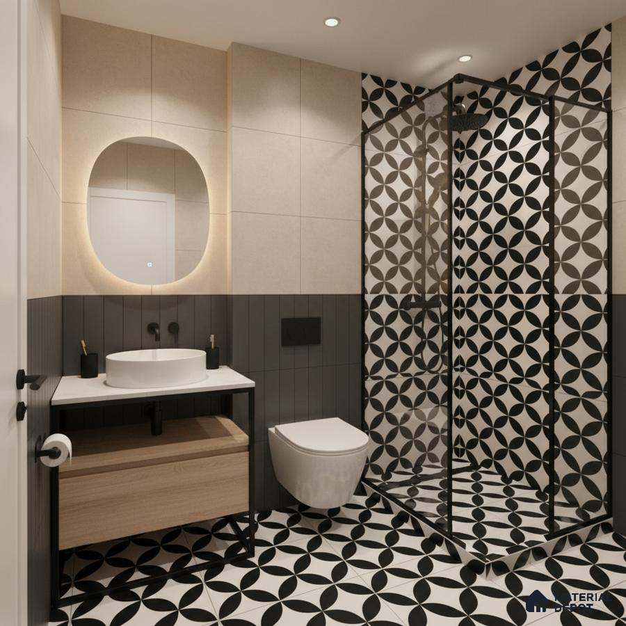 Modern bathroom with black-and-white geometric tiles and beige wall tiles in Bengaluru | Material Depot