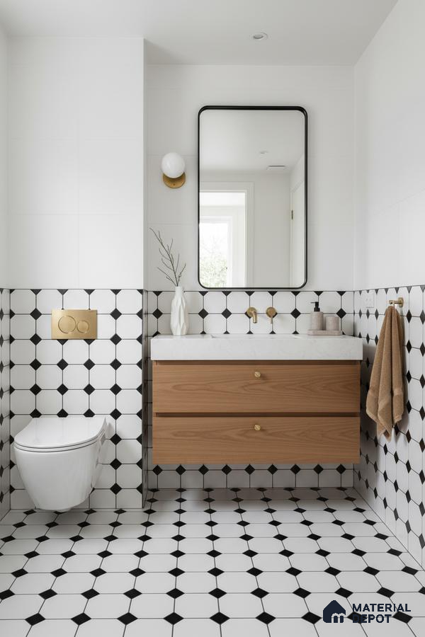 Modern bathroom with black-and-white geometric wall and floor tiles and wood laminate vanity in Bengaluru | Material Depot