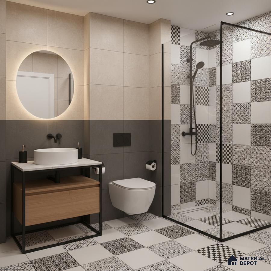 Modern bathroom with black-and-white patterned tiles and beige wall tiles in Bengaluru | Material Depot