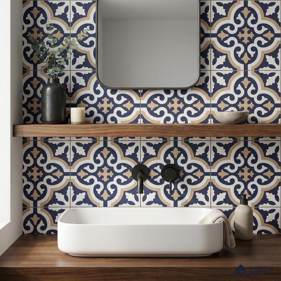 Modern bathroom with blue and beige moroccan patterned wall tiles and walnut wood countertop