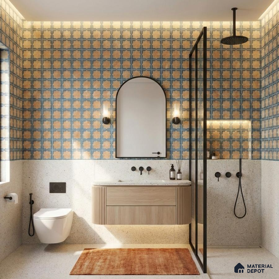 Modern bathroom with blue and beige patterned wall tiles, terrazzo floor, and fluted wood vanity