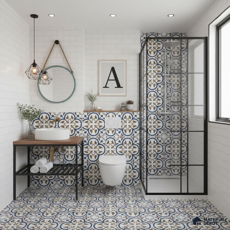 Modern bathroom with blue and brown geometric moroccan tiles and white subway wall tiles in Bengaluru | Material Depot