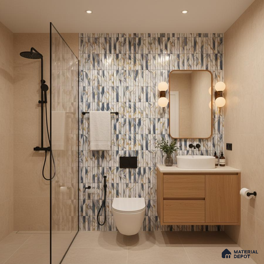 Modern bathroom with blue and gold patterned wall tiles, beige floor tiles, and light oak floating vanity | Material Depot
