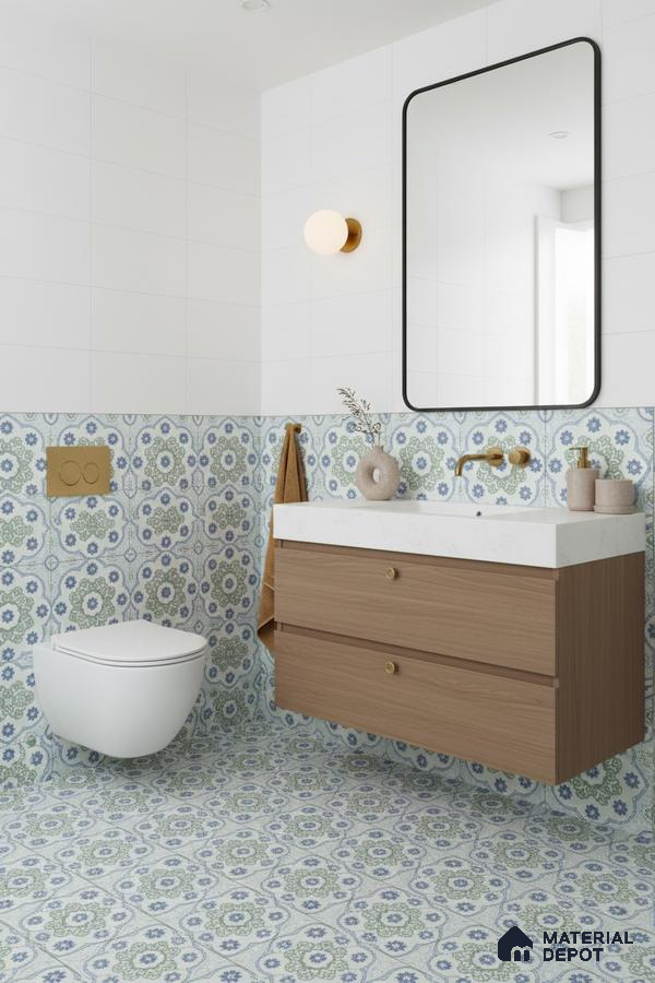 Modern bathroom with blue and green floral patterned tiles, white wall tiles, and wood vanity in Bengaluru | Material Depot