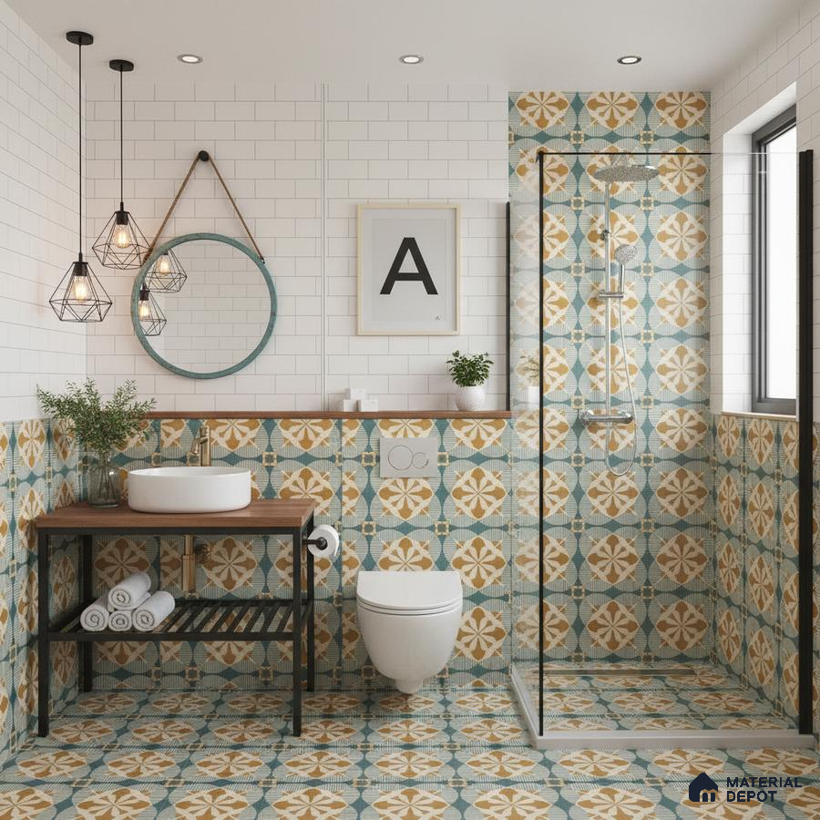 Modern bathroom with blue and ochre geometric patterned tiles and white subway wall tiles in Bengaluru | Material Depot