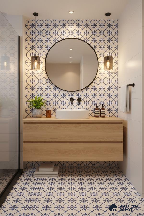 Modern bathroom with blue and white geometric patterned tiles and light oak vanity in Bengaluru | Material Depot