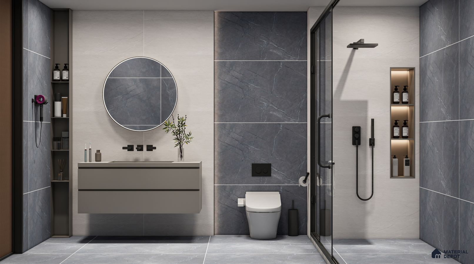 Modern Bathroom with Blue and White Marble Tiles | Material Depot