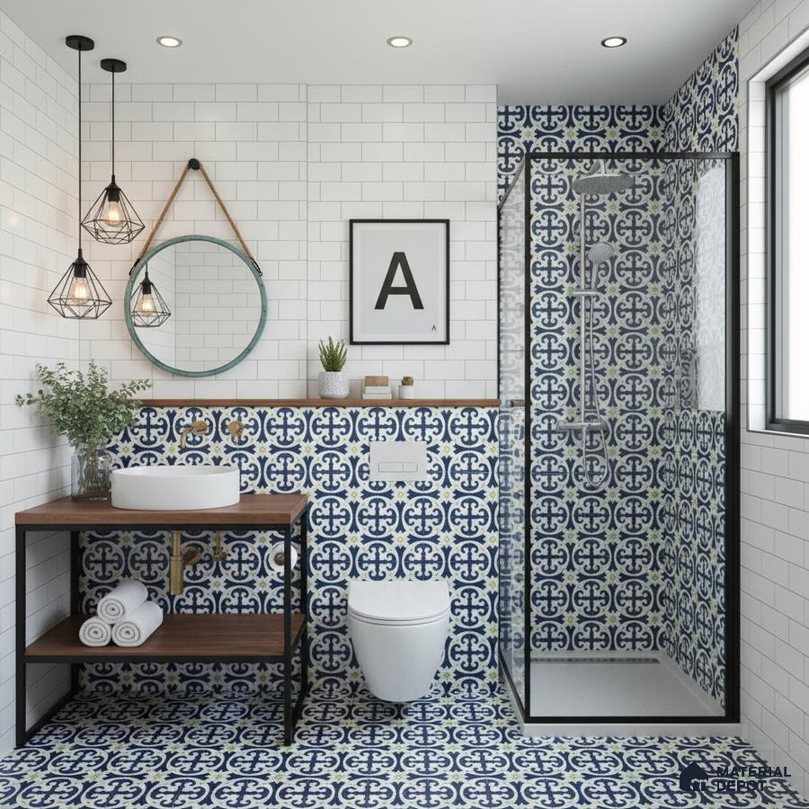 Modern bathroom with blue and white moroccan patterned tiles and white subway wall tiles in Bengaluru | Material Depot