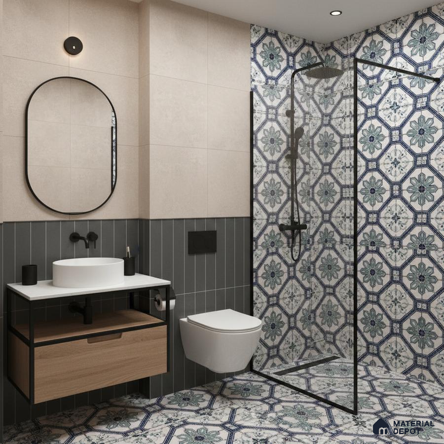 Modern bathroom with blue floral patterned tiles, grey vertical subway wall tiles, and light beige wall tiles in Bengaluru | Material Depot
