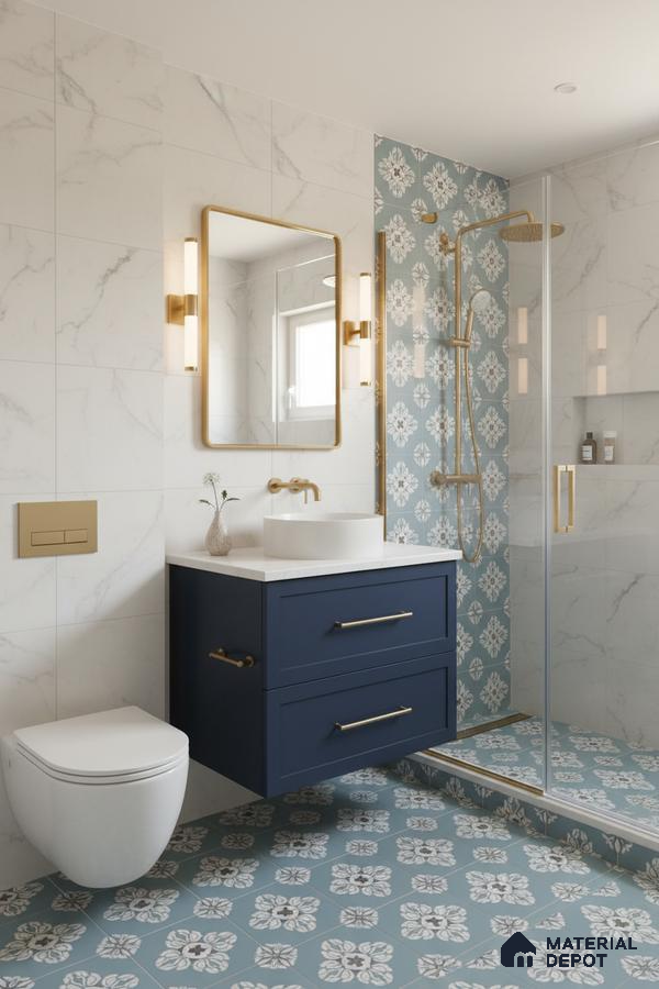 Modern bathroom with blue floral patterned tiles, marble-look wall tiles, and navy vanity in Bengaluru | Material Depot