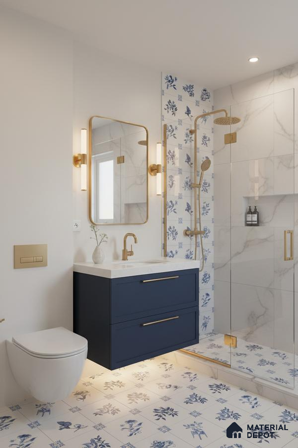 Modern bathroom with blue floral patterned tiles, marble-look wall tiles, and navy vanity in Bengaluru | Material Depot