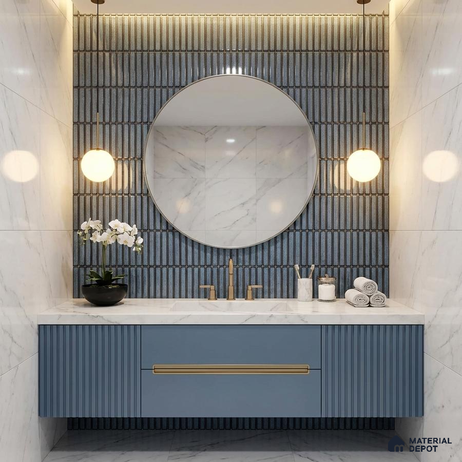 Modern bathroom with blue fluted vanity, white marble wall tiles, and vertical blue kitkat accent tiles