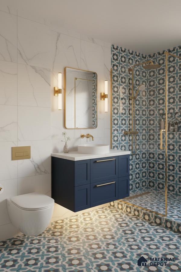 Modern bathroom with blue geometric moroccan tiles, white marble wall tiles, and navy vanity in Bengaluru | Material Depot