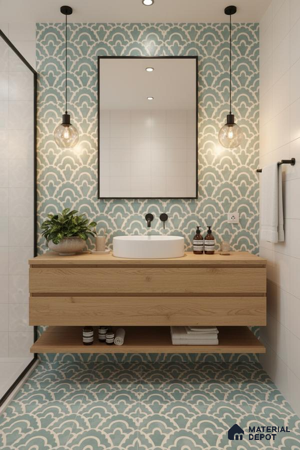 Modern bathroom with blue geometric patterned tiles and light oak floating vanity in Bengaluru | Material Depot