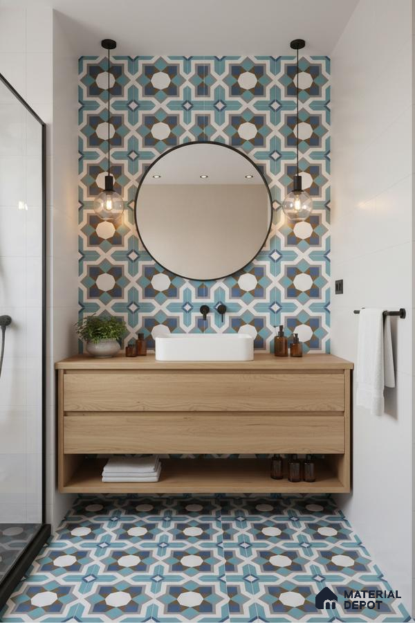 Modern bathroom with blue geometric patterned tiles and light oak vanity in Bengaluru | Material Depot