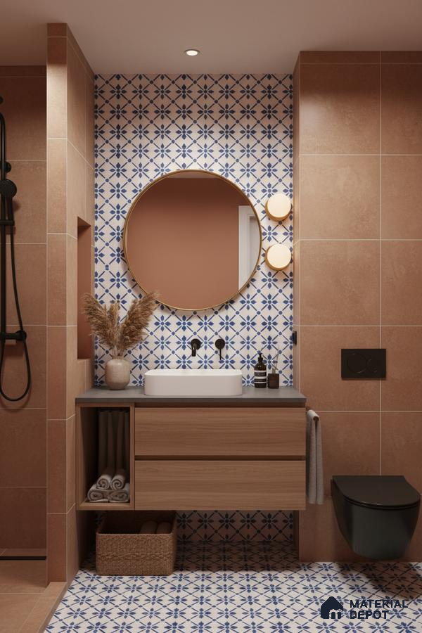 Modern bathroom with blue geometric patterned tiles, terracotta wall tiles, and wood vanity in Bengaluru | Material Depot