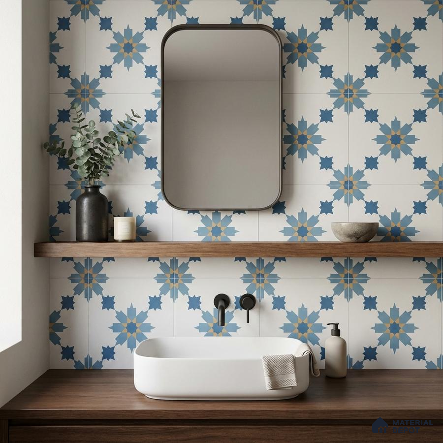 Modern bathroom with blue geometric patterned wall tiles and walnut wood vanity