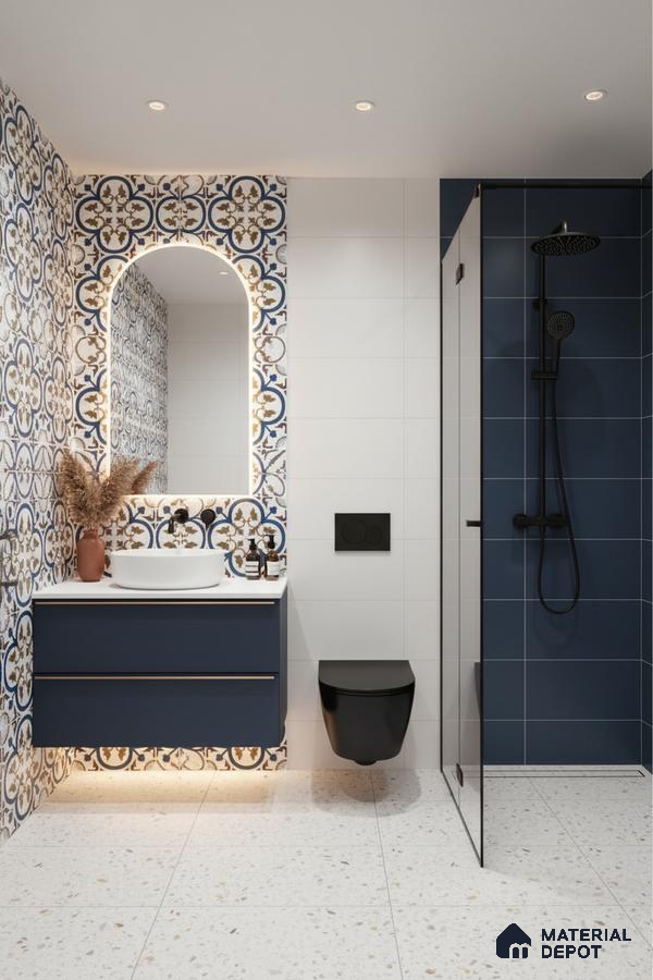 Modern bathroom with blue geometric patterned wall tiles, navy blue vanity, and terrazzo floor tiles in Bengaluru | Material Depot
