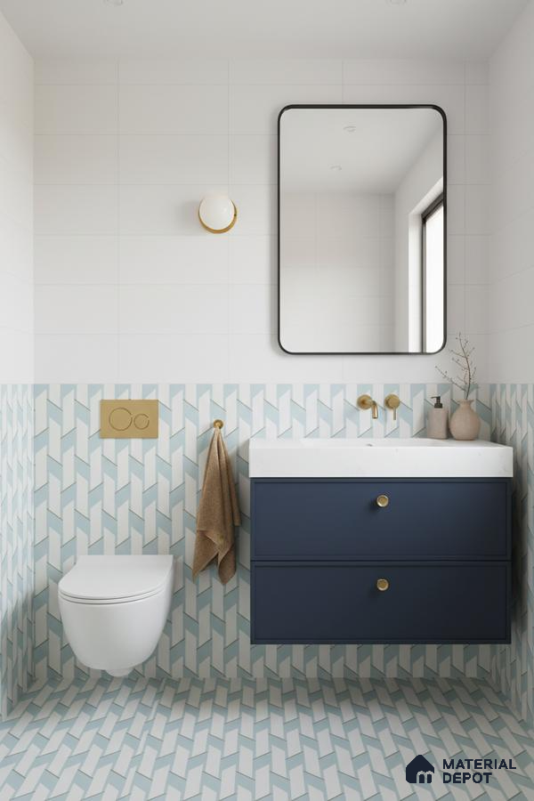 Modern bathroom with blue geometric wall and floor tiles and navy blue vanity in Bengaluru | Material Depot