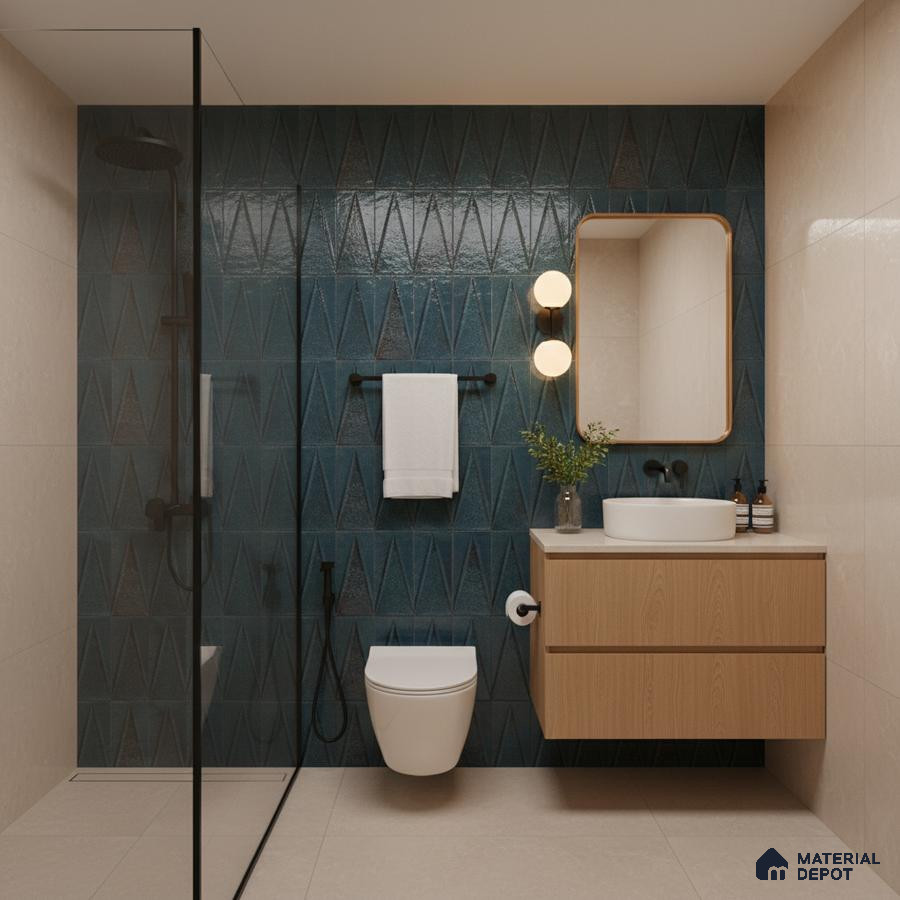 Modern bathroom with blue geometric wall tiles, beige floor tiles, and light wood floating vanity | Material Depot