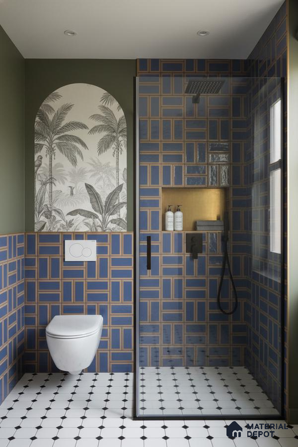 Modern bathroom with blue geometric wall tiles, black-and-white octagonal floor tiles, and tropical wallpaper accent | Material Depot