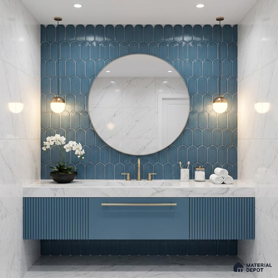 Modern bathroom with blue geometric wall tiles, marble-look wall tiles, and blue fluted vanity