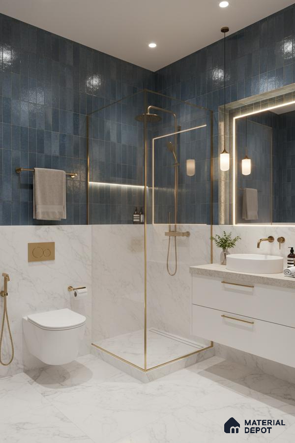 Modern bathroom with blue glossy subway wall tiles and white marble-look tiles | Material Depot