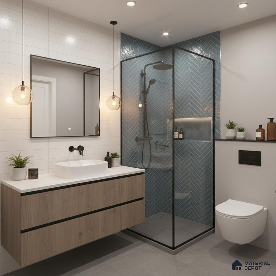 Modern bathroom with blue herringbone wall tiles, white subway wall tiles, and wood vanity | Material Depot