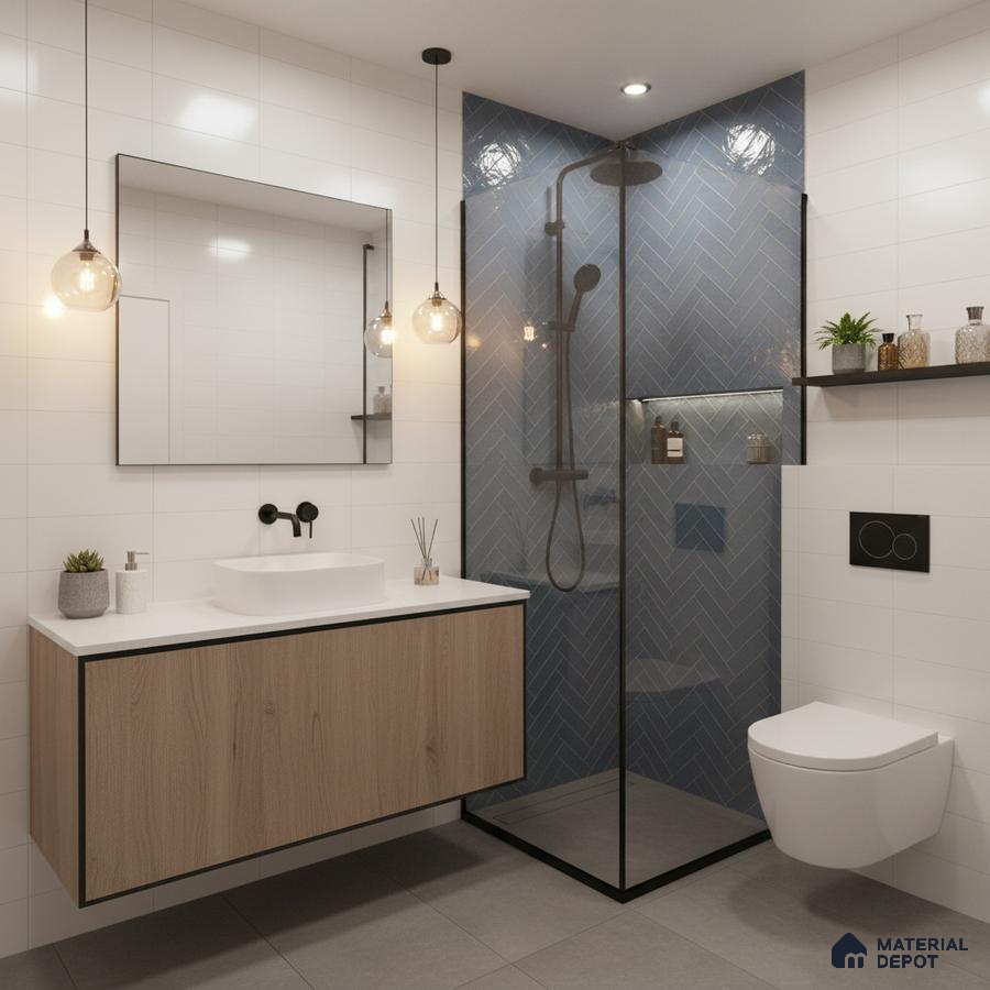Modern bathroom with blue herringbone wall tiles, white wall tiles, and wood laminate floating vanity | Material Depot