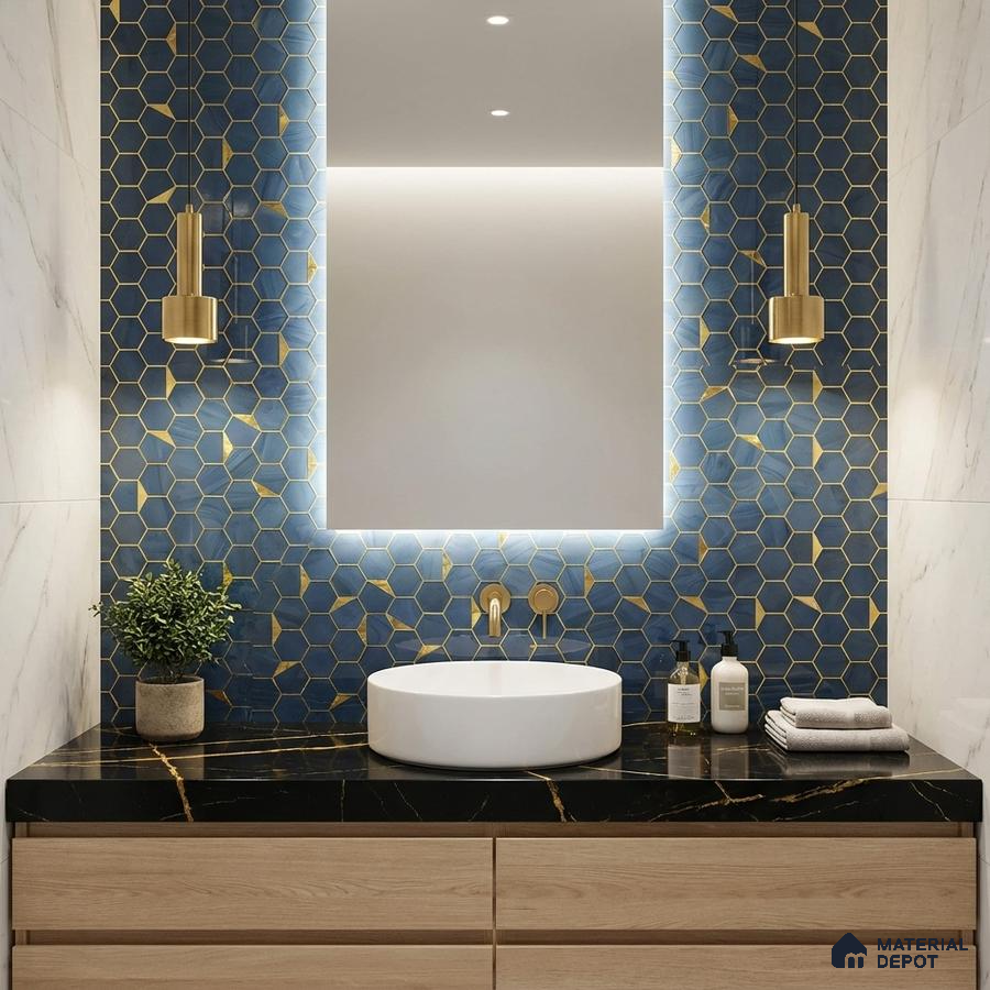 Modern bathroom with blue hexagonal wall tiles, black marble countertop, and light wood vanity