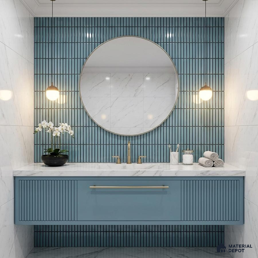 Modern bathroom with blue kitkat subway wall tiles, marble countertop, and fluted blue vanity