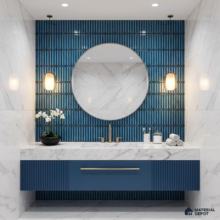 Modern bathroom with blue kitkat subway wall tiles, white marble look wall tiles, and blue fluted vanity