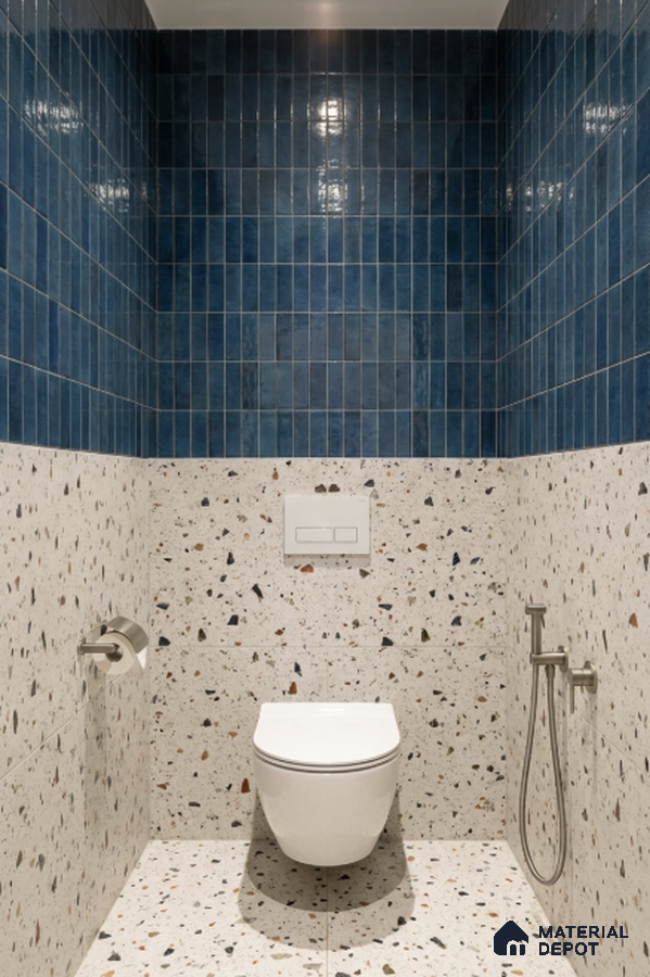 Modern bathroom with blue kitkat wall tiles and terrazzo floor and wall tiles