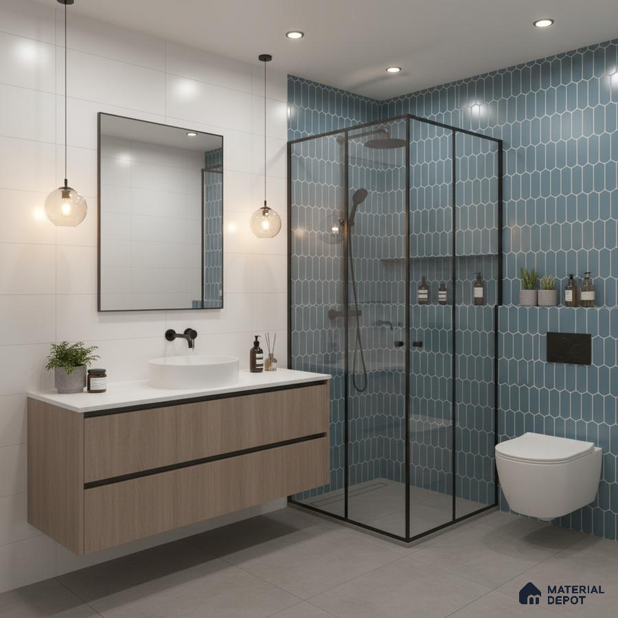 Modern bathroom with blue kitkat wall tiles, white wall tiles, and light oak floating vanity | Material Depot