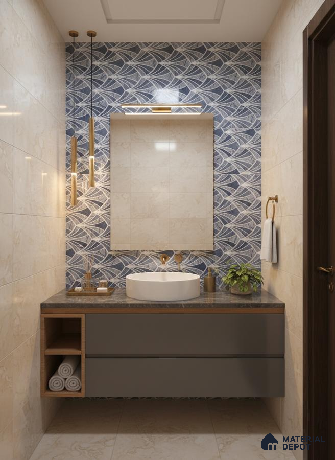Modern bathroom with blue leaf-patterned highlighter wall tile, beige marble-look wall tiles, and grey floating vanity | Material Depot
