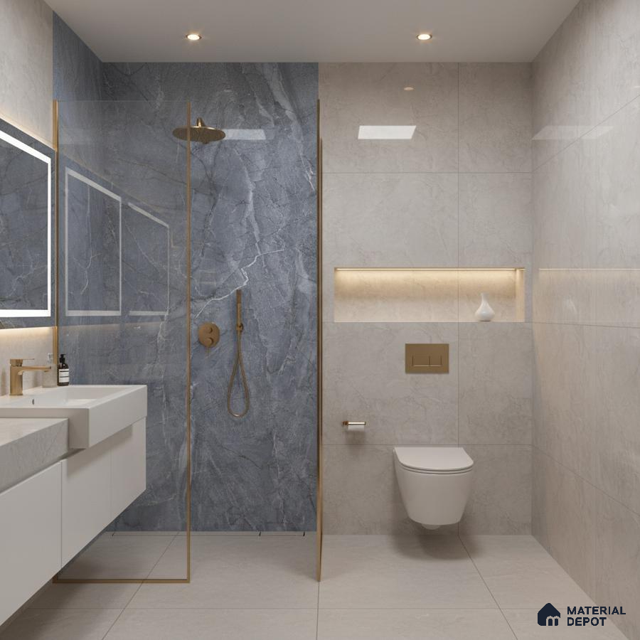 Modern bathroom with blue marble look shower wall tile and beige marble look wall and floor tiles | Material Depot