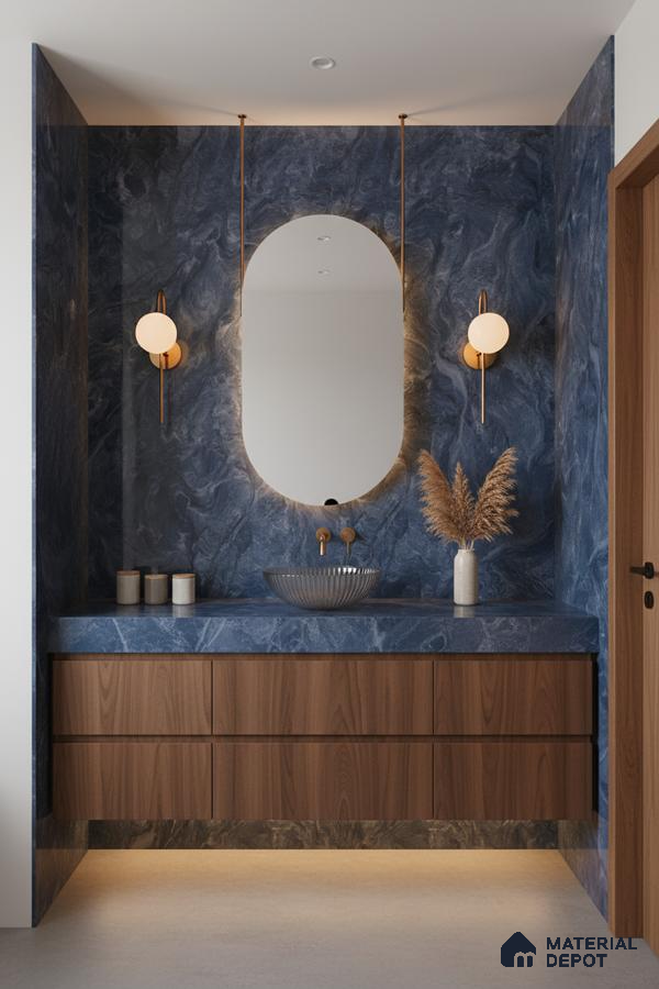 Modern bathroom with blue marble-look wall tiles and walnut wood vanity | Material Depot