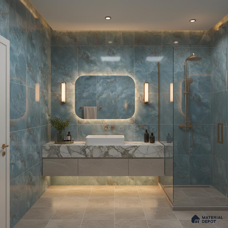Modern bathroom with blue marble-look wall tiles and white marble vanity | Material Depot